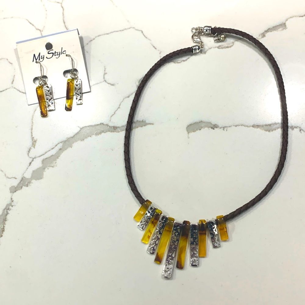 My Style | Women’s Amber Silver Pendants Necklace Earrings Jewelry Set